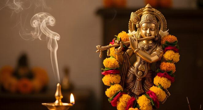 Golden statue of Lord Krishna playing the flute adorned with mar