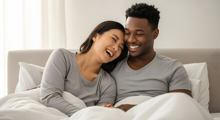 Obraz premium Happy interracial couple laughing together while relaxing in bed