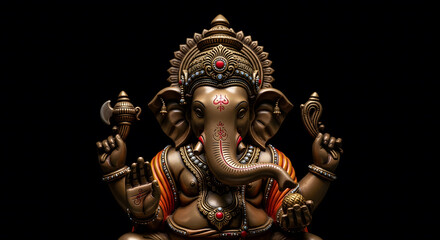Obraz premium Intricate bronze sculpture of Hindu deity Lord Ganesha on a dark