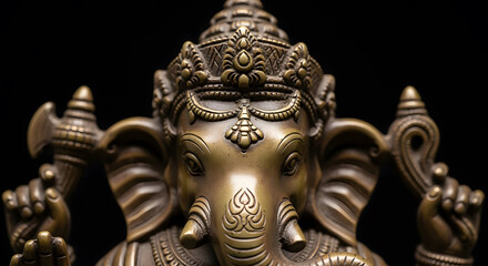 Fototapeta premium Intricate bronze Ganesha sculpture face and crown detail against