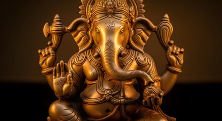 Fototapeta premium Intricate golden statue of Hindu God Ganesha against a dark back
