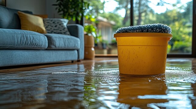 Yellow bucket catches water from ceiling leak in a flooded living room. Use for home repair, disaster relief, or insurance claim concepts.