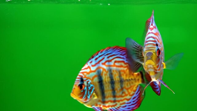 Two vibrant discus fish with colorful patterns swimming in green water.