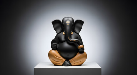 Modern black and gold Ganesha statue seated on pedestal in studi