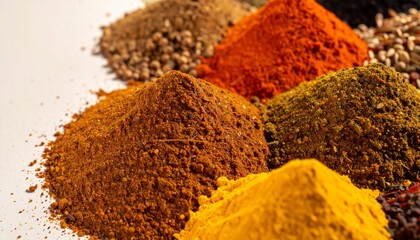 Overhead close-up of assorted spices and herbs including paprika turmeric and cumin arranged neatly on clean white surface with rich textures and natural tones