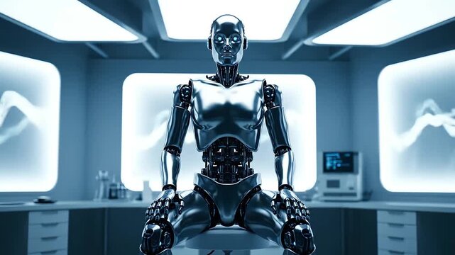 Ai robot sits meditatively in a high-tech laboratory with futuristic machines surrounding it from a frontal viewpoint
