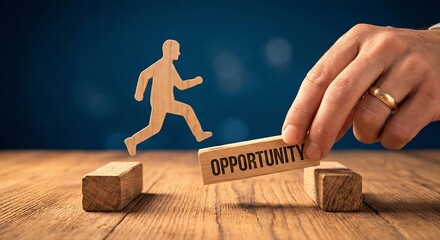 Hand placing wooden block with opportunity text for jumping figure to cross gap representing business success and career challenge solution