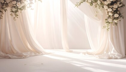Elegant ivory draped backdrop with floral accents, bathed in soft sunlight