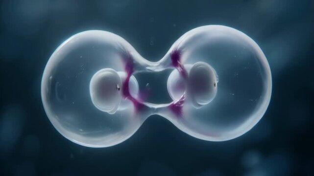 Biological animation of a human cell undergoing mitosis and dividing into two.