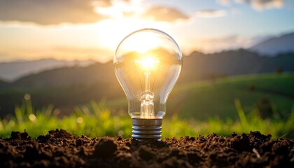 Illuminated lightbulb in soil against a vibrant sunset over a lush, hilly landscape