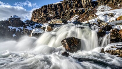 Whitewater cascades over rocks in a winter landscape with snow and cliffs