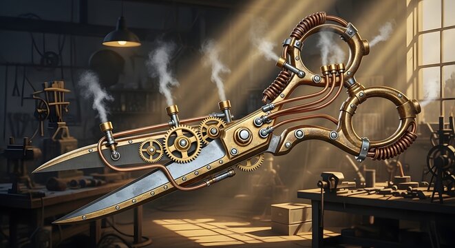 Steampunk mechanical scissors in workshop, intricate gears and metal details with dramatic light and industrial atmosphere.