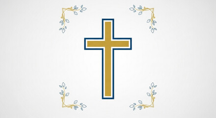 Golden Christian Cross with Floral Decorations on White Background