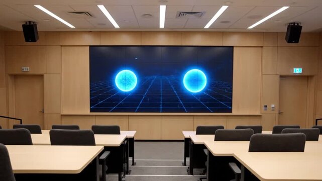 Quantum Computing Explained Animation Visualized on Large Screen in Modern Classroom Setting