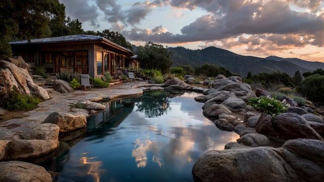 Serene wellness retreat in natural setting, spiritual renewal and holistic detox concept, calm nature background with copy space