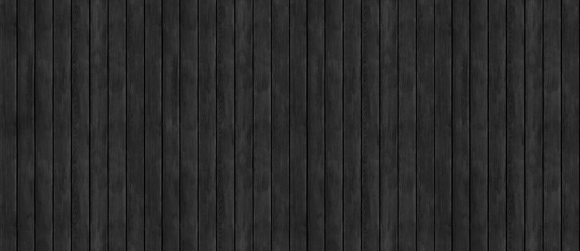 Black wood seamless lath panel pattern. Repeating dark wooden plank wallpaper panoramic background.