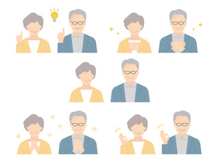 笑顔で喜ぶシニア男女の上半身イラスト