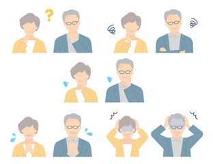 困った表情のシニア男女の上半身イラスト