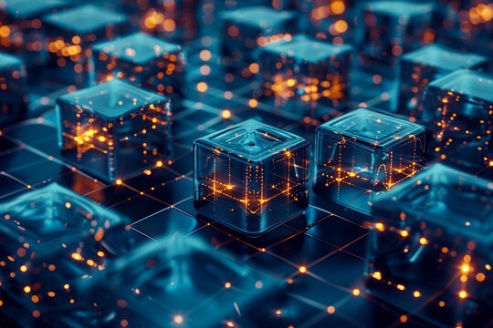 Abstract 3D blockchain network with glowing interconnected cubes