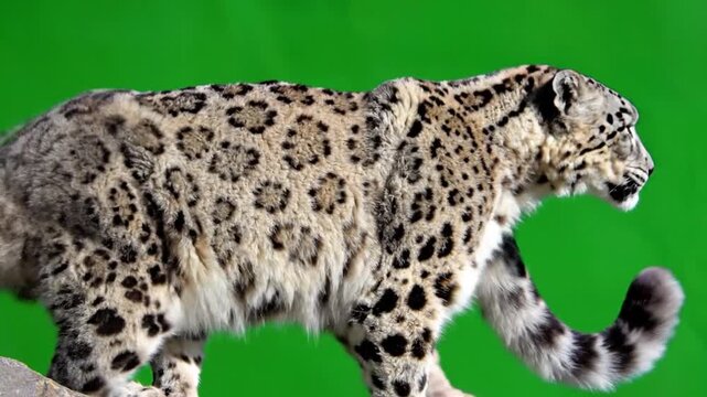A majestic snow leopard with distinctive spotted fur walks gracefully against a vibrant green screen background.