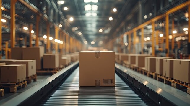 Cardboard boxes move along a conveyor belt in a distribution warehouse. Showcasing logistics, shipping, manufacturing, and supply chain concepts.