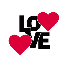 Two red hearts overlaying the word LOVE in bold black letters.