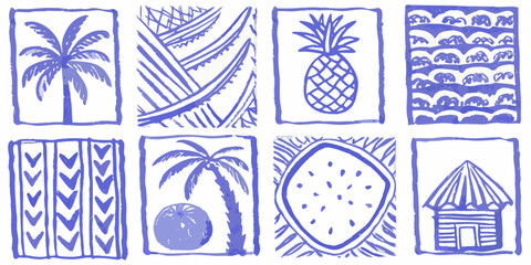 Blue sketches of tropical elements palm trees pineapples and coastal scenes © Sabuj