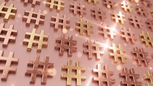 A repeating pattern of llic hashtag symbols in gold and rose gold colors