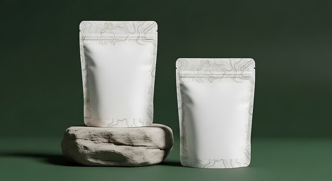 Two blank white stand-up pouches on a stone pedestal with a dark green background.