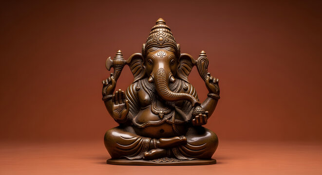 Bronze Ganesha statue seated on a pedestal against a warm brown