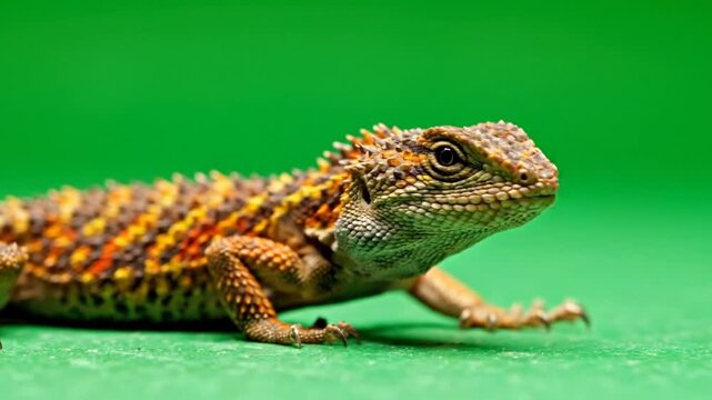 A close-up shot of a small brown and orange lizard with textured skin against a vibrant green background.