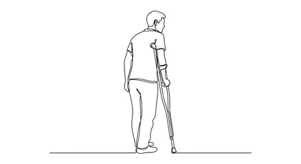 Fototapeta premium Man with Crutches Walking Away Single Line Art