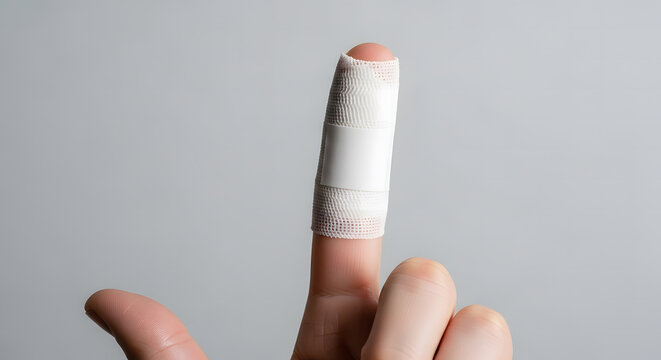 Close up of a human finger wrapped in a white gauze bandage for