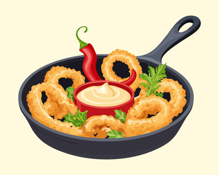 Crispy fried squid rings appetizer in pan with spicy dipping sauce and fresh herb decoration - Vector Illustration