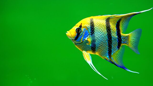 A vibrant yellow and blue angelfish with black stripes swimming gracefully in a green aquarium environment.