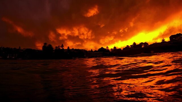 Slow motion ocean surface at Bronte Beach, Sydney, Australia, filmed from the water at sunset, with intense red sky reflecting across rippling waves.