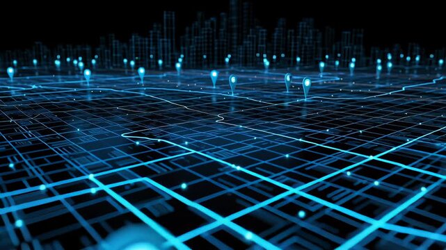 Animated digital map with linked location pins concept. Futuristic digital city map with glowing location markers and neon blue light grid network