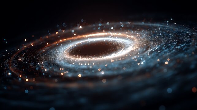 Spiral galaxy made of glowing binary code, digital light trails forming a vortex in deep space, ultra-realistic cosmic data stream, 