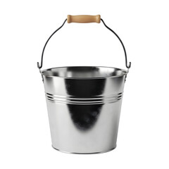 Empty Silver Metal Bucket with Wooden Handle Isolated on White or Transparent Background