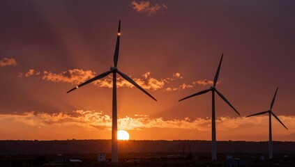 Obraz premium Silhouettes of wind turbines against a dramatic sunset sky with sun rays