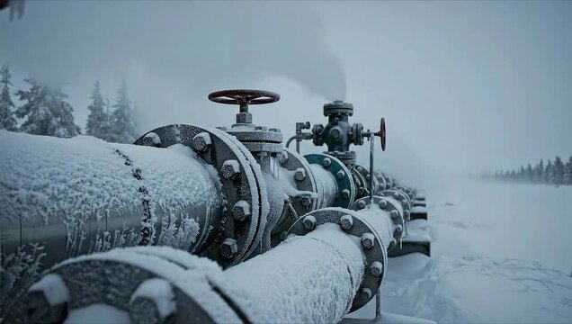 Snow-covered pipeline with valves and steam in winter landscape  