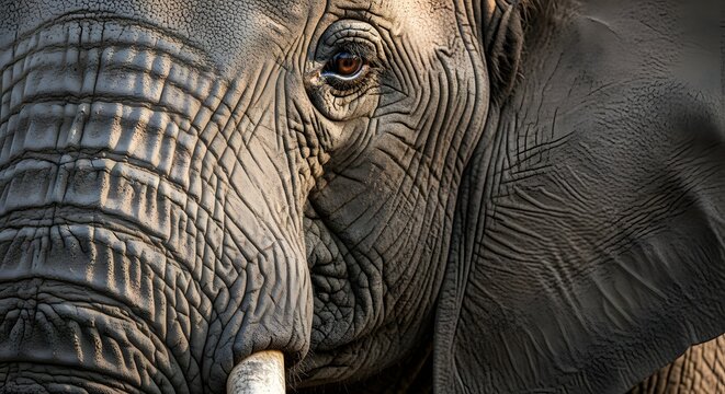 Ultra realistic close up portrait of an African elephant face with detailed wrinkled skin texture and expressive eye, wildlife photography in natural light, high resolution 8k image