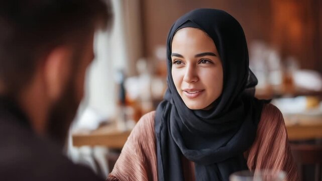 Woman and man couple dating eating at a restaurant