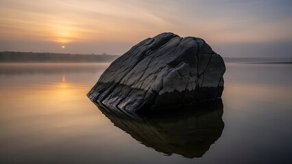 Serene landscape with large rock in calm water at sunset