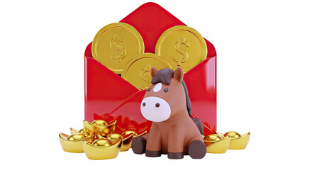 Obraz premium Cute cartoon horse with red envelope, gold coins and ingots
