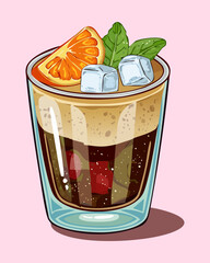 Layered coffee drink in glass with ice cubes orange slice and mint leaf accents - Vector Illustration © powdesign