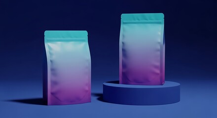 Two blank foil pouches with gradient colors on a blue background.