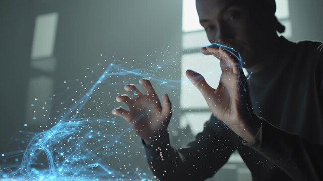 Person interacting with transparent holographic interfaces, soft lighting, understated futuristic environment, non-branded technology concept