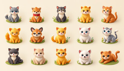 Fototapeta premium Cute cat icon cartoon kitten animal mascot kawaii pet orange fur gray fur white fur smiling face sitting pose playful mood adorable kitten group