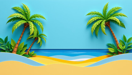 Obraz premium Tropical beach palm tree summer ocean wave sand island paradise landscape with bright sky and blue water peaceful holiday background art